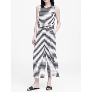 Banana Republic Wide Leg Jumpsuit Size 6 White Navy Blue Stripe Belted Waist